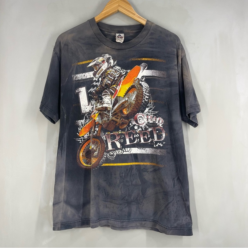 Vintage Distress Men's Graphic T-Shirt - Black with Orange Motocross Design SZ L